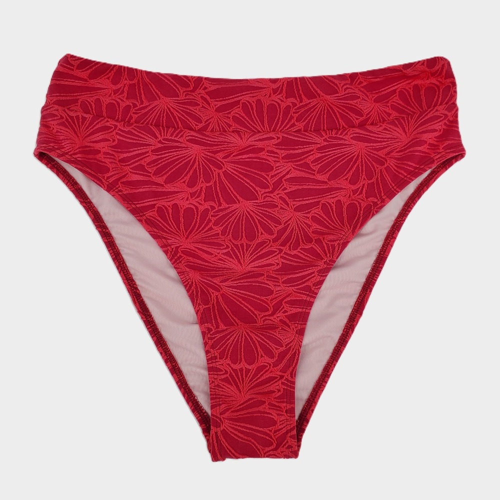 Cupshe Medium Floral High Waist Textured Bikini Bottom Pink Red Full Coverage